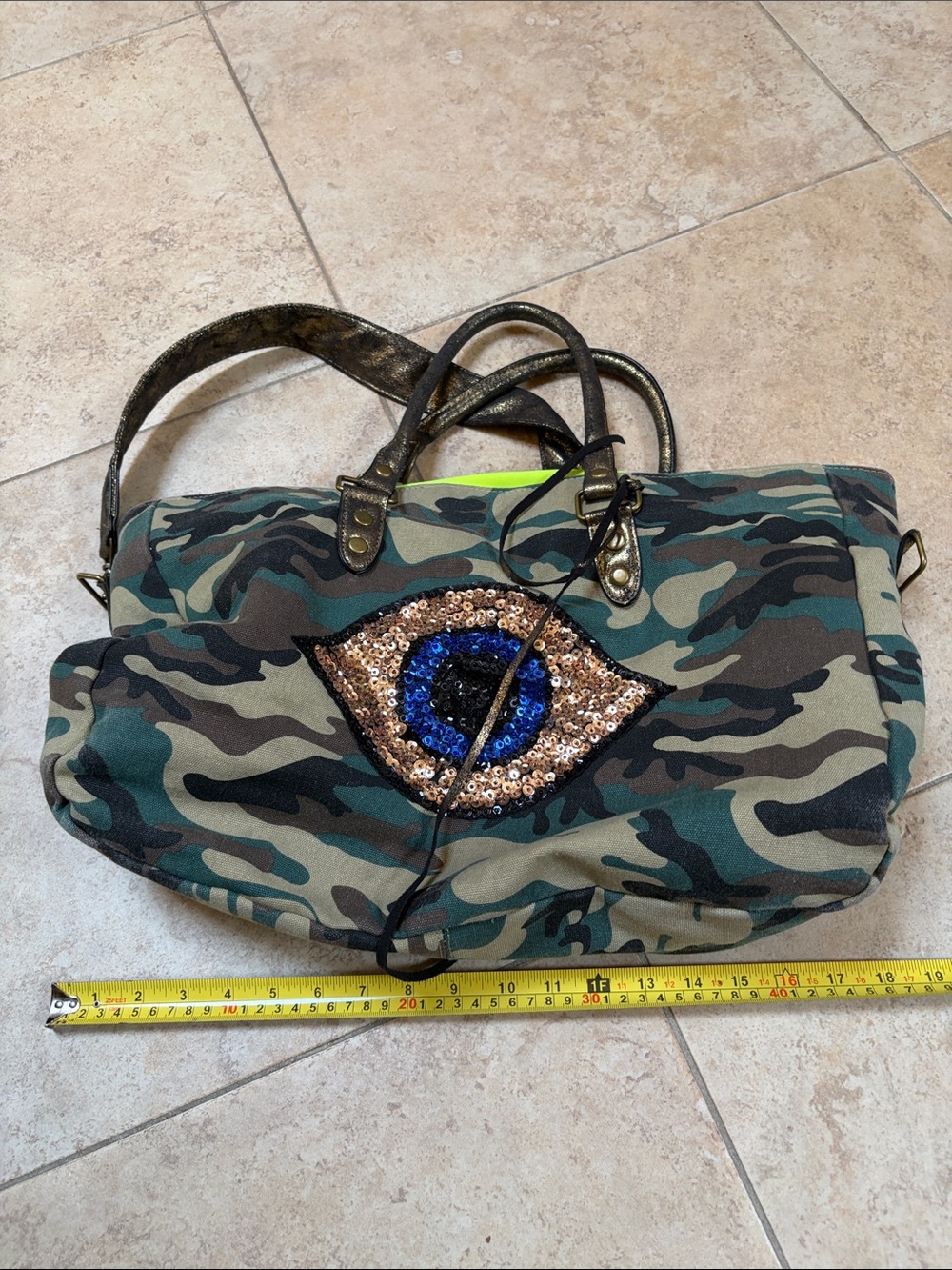 Menu evil eye camouflage sequin canvas handbag tote detachable straps